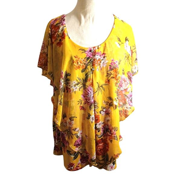 Exotic Tropical Tunic Blouse Sz L Yellow Rhinestones Floral Kimono Flowy Cottage - Picture 1 of 14